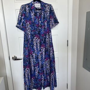 Dyvna Floral Print Short Sleeve Silk Blend Midi Shirt Dress Blue Size Medium